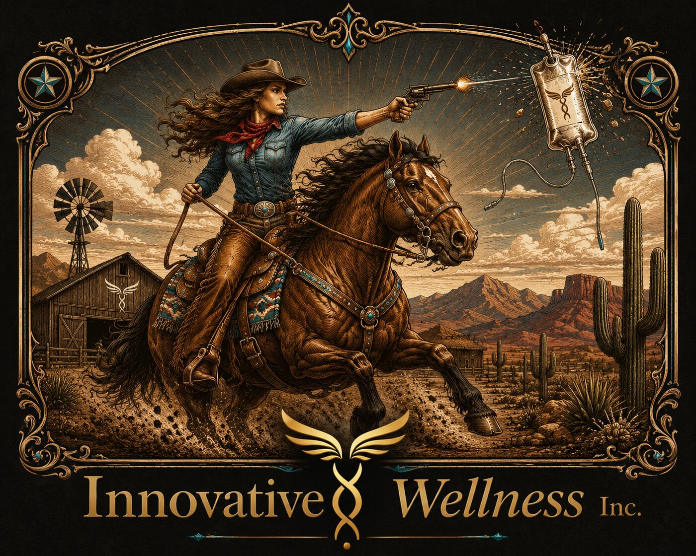 Cowgirl on horseback shooting an IV bag