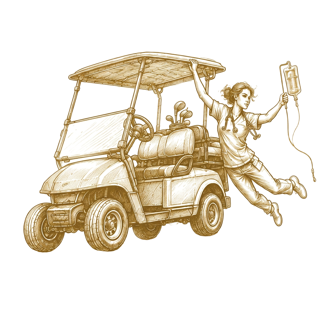 Nurse leaping from a golf cart holding an IV bag